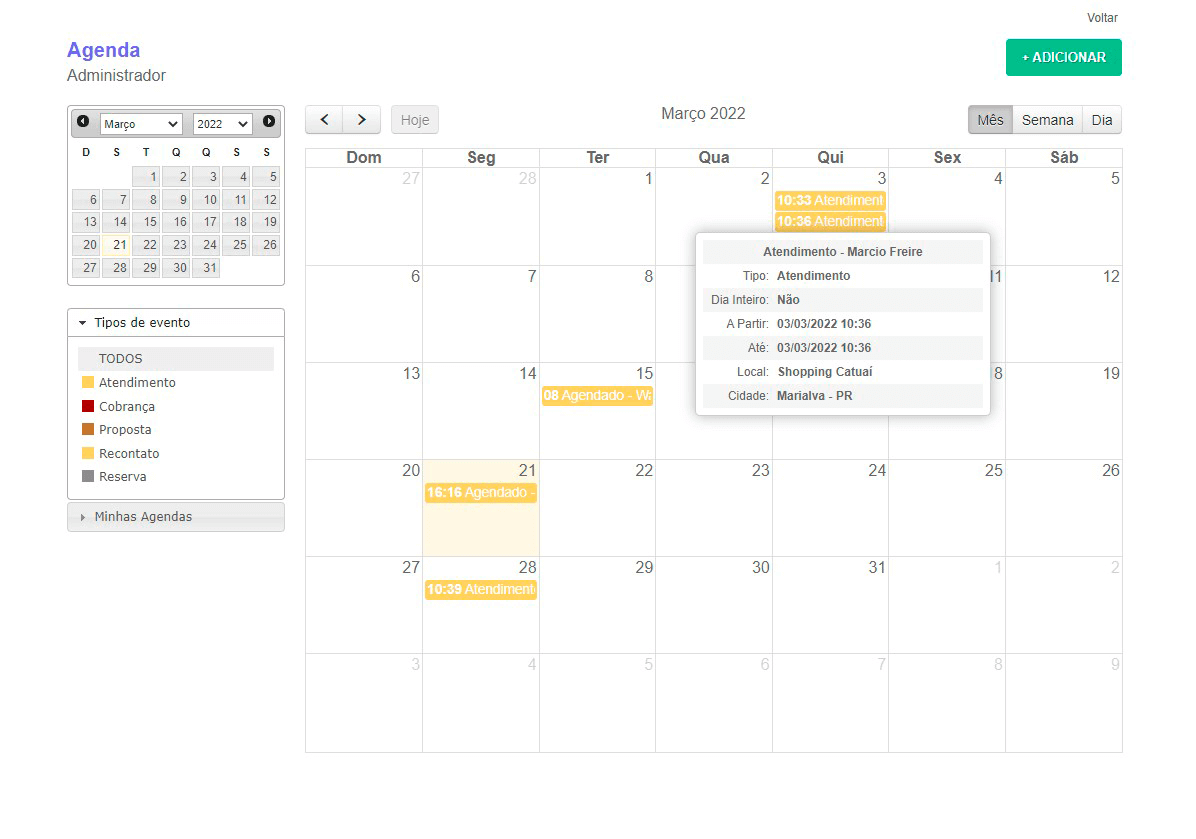 Tela: Agendamento de contatos
