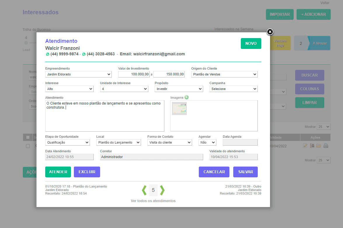 Tela: Atendimentos de interessados