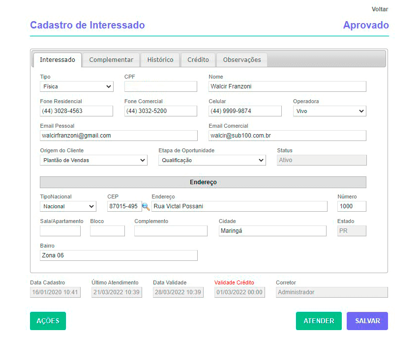 Tela: Cadastro de interessados