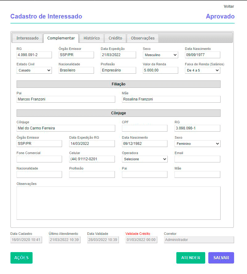 Tela: Cadastro de interessados