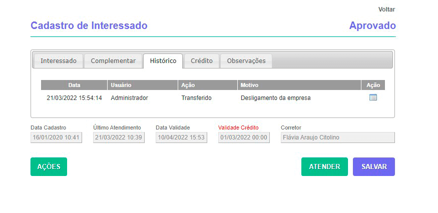 Tela: Cadastro de interessados