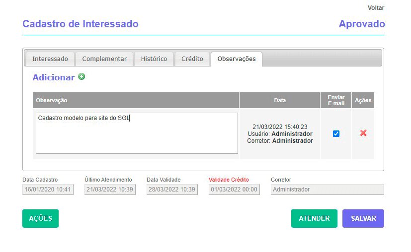 Tela: Cadastro de interessados