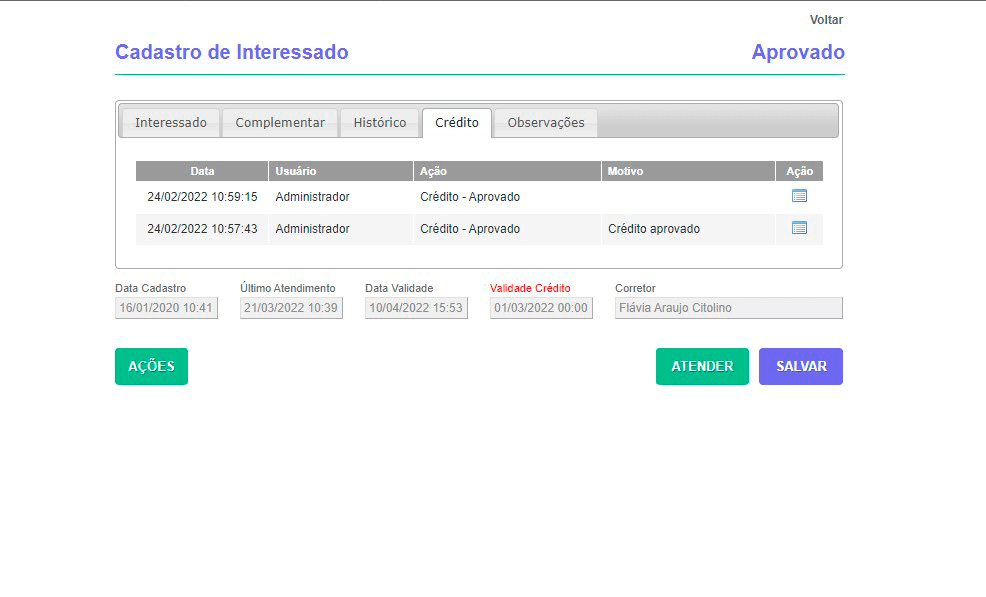 Tela: Aprovação de crédito