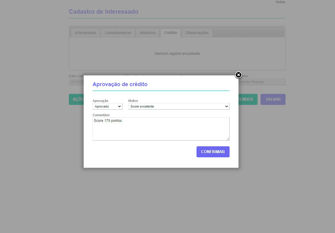 Tela: Aprovação de crédito