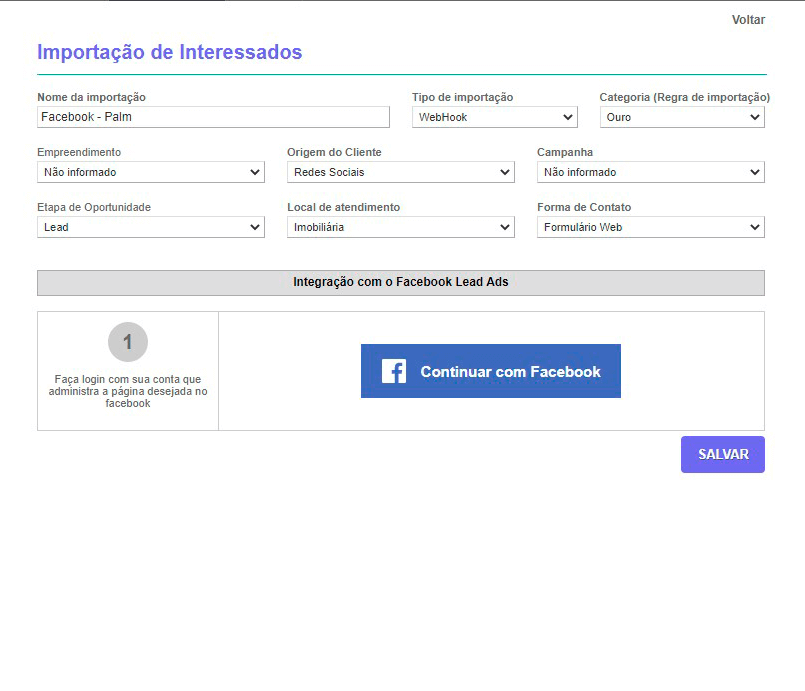 Tela: Integração de leads