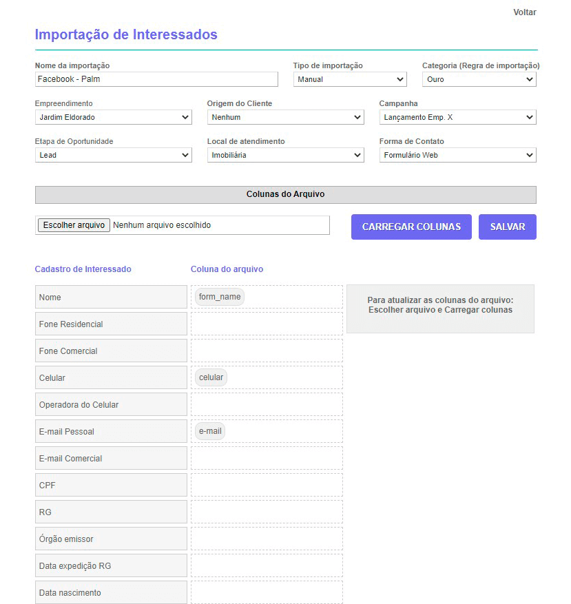 Tela: Integração de leads