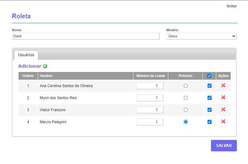 Tela: Roleta de leads