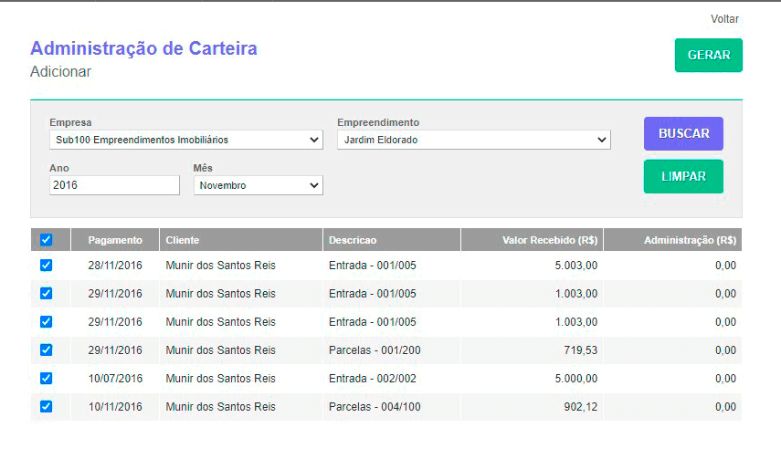 Tela: Administração de Carteira