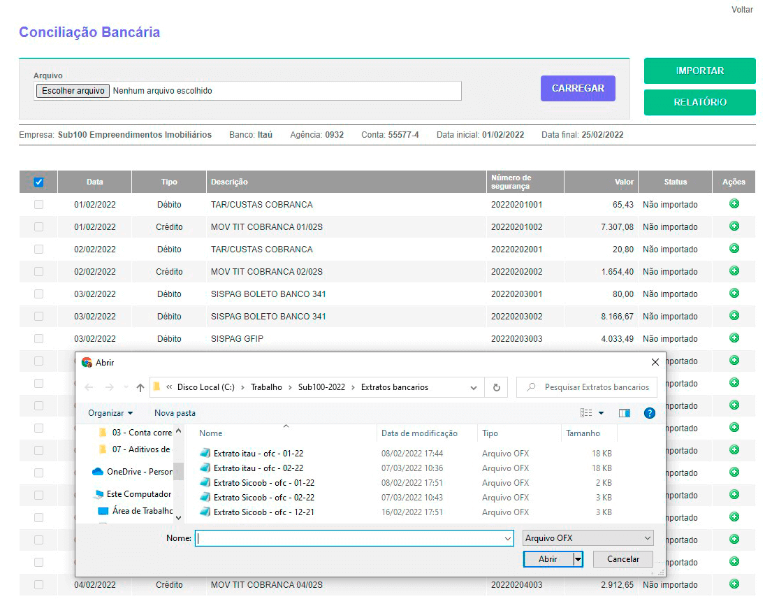 Tela: Conciliações Bancárias