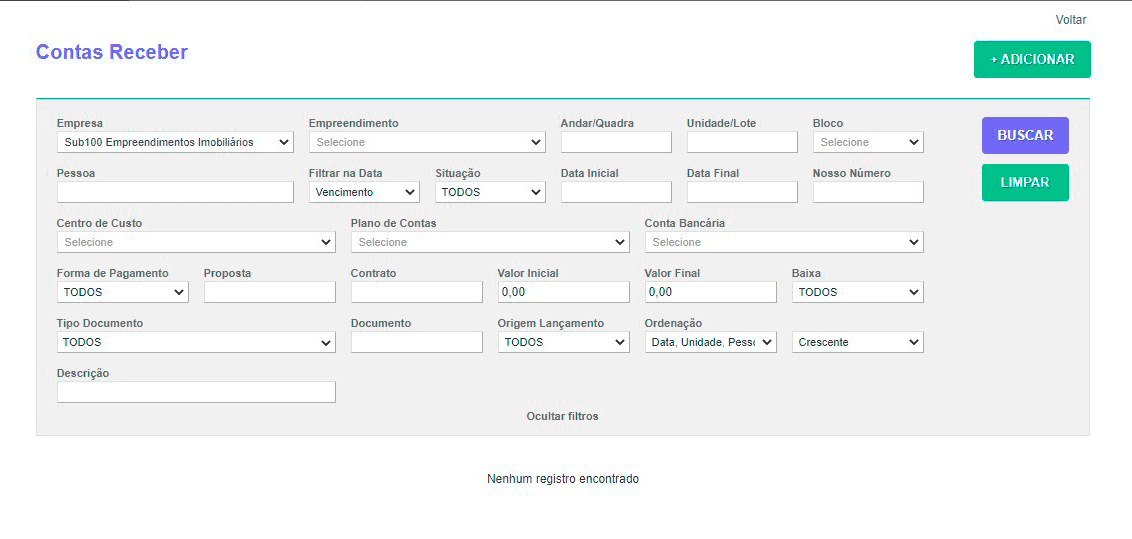 Tela: Contas a Receber