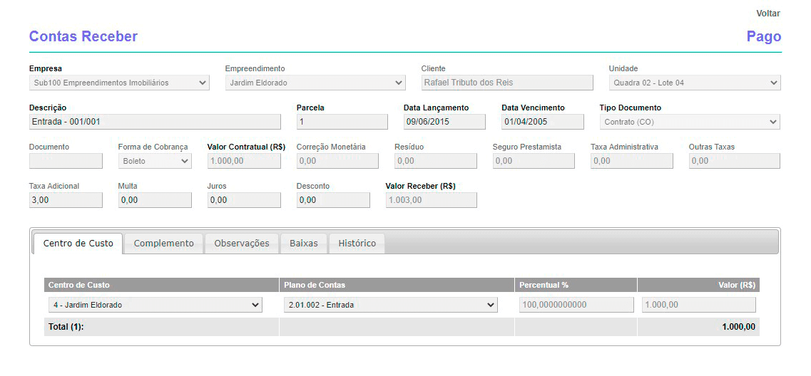 Tela: Contas a Receber
