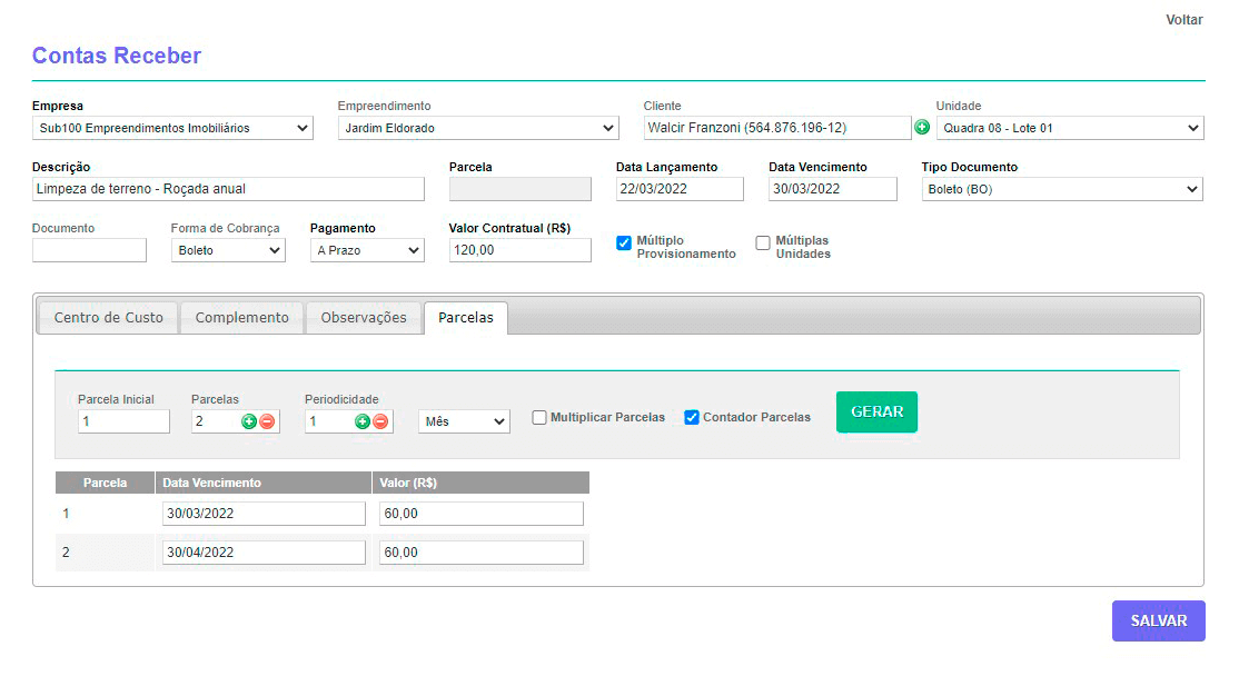 Tela: Contas a Receber