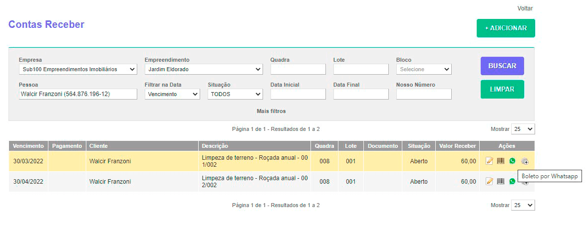 Tela: Contas a Receber