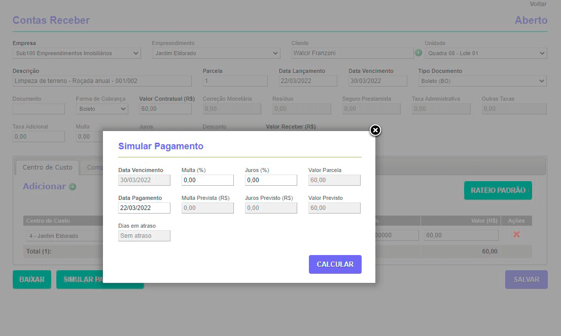 Tela: Contas a Receber