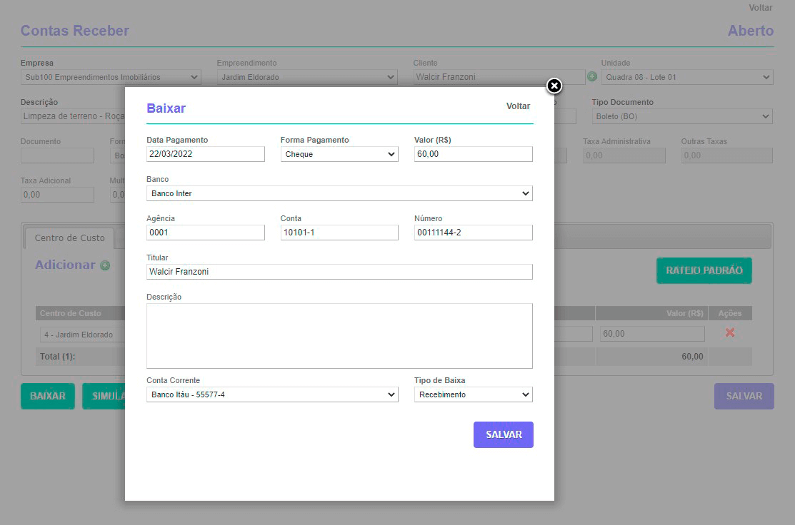 Tela: Contas a Receber