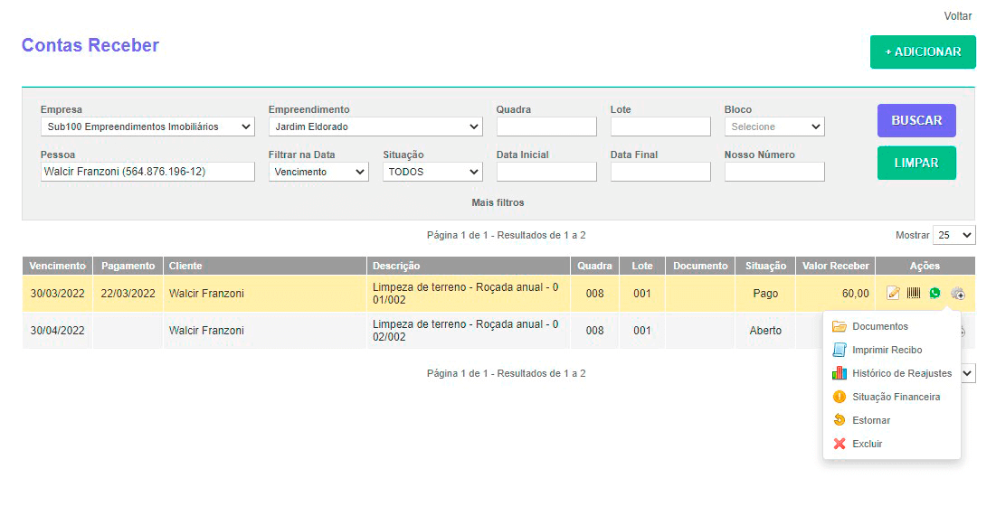 Tela: Contas a Receber