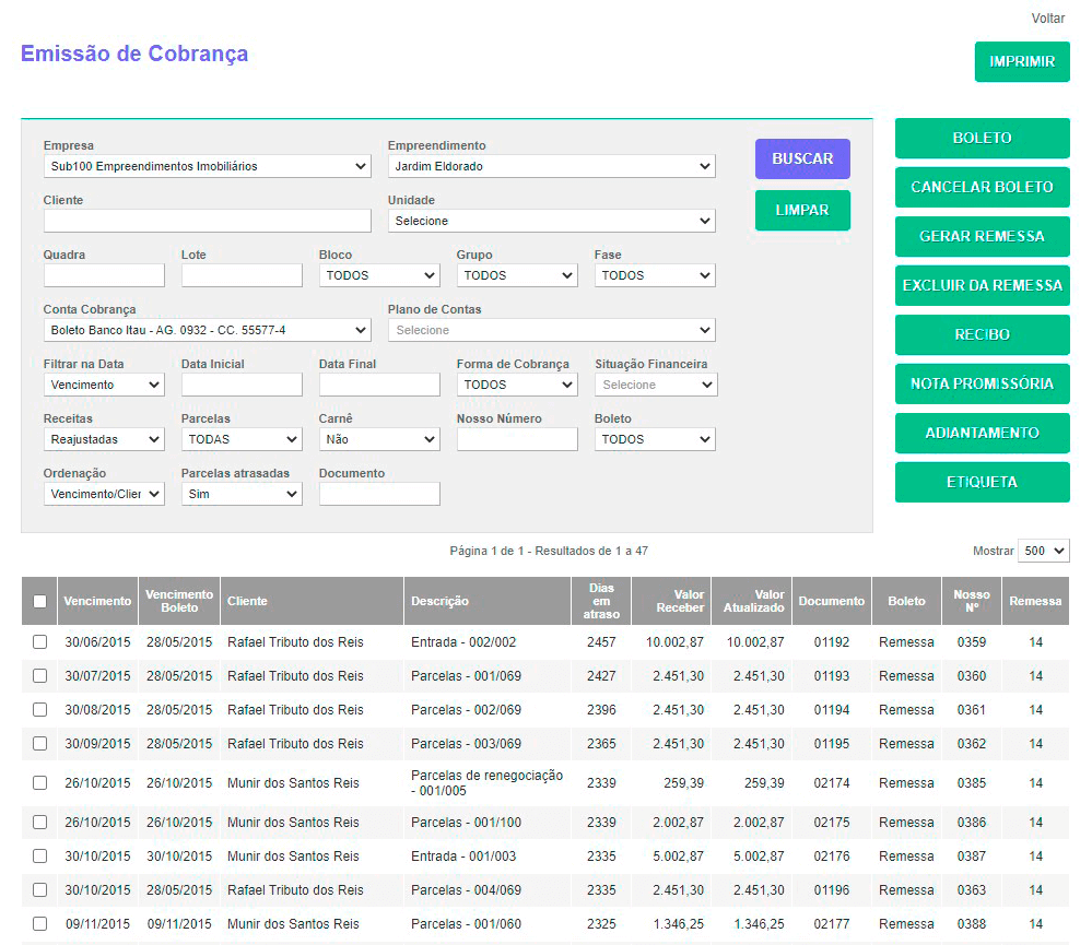 Tela: Emissão de Recebíveis