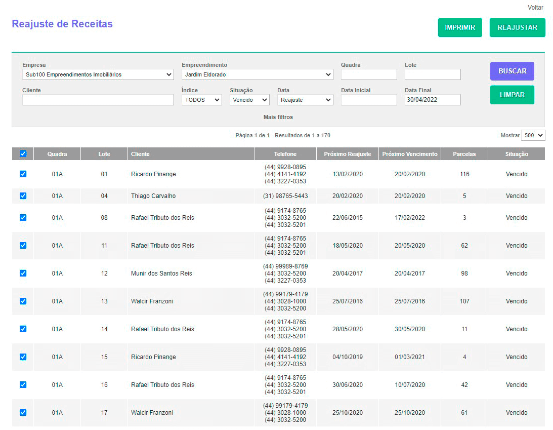 Tela: Reajuste de Receitas