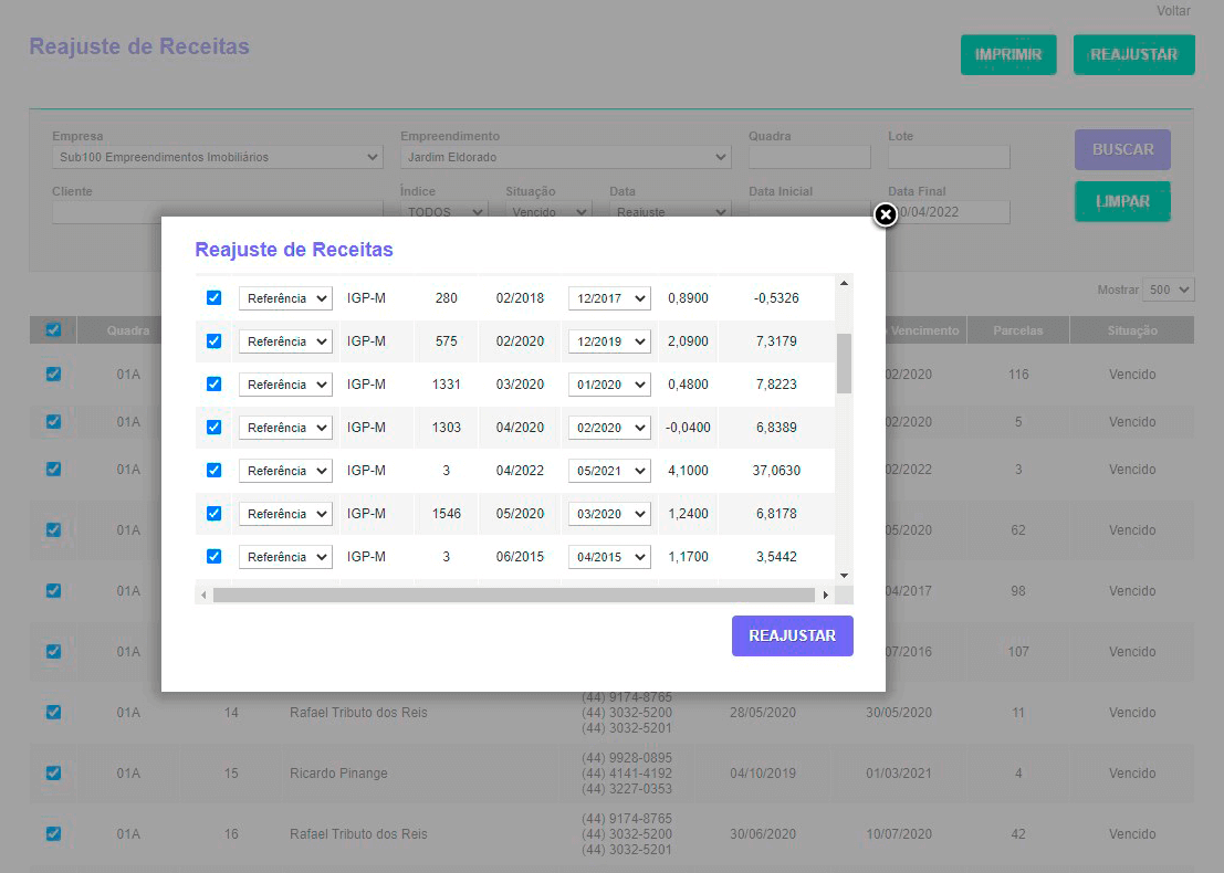 Tela: Reajuste de Receitas