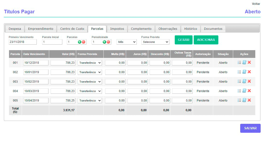Tela: Títulos a Pagar