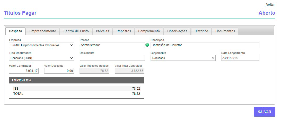 Tela: Títulos a Pagar