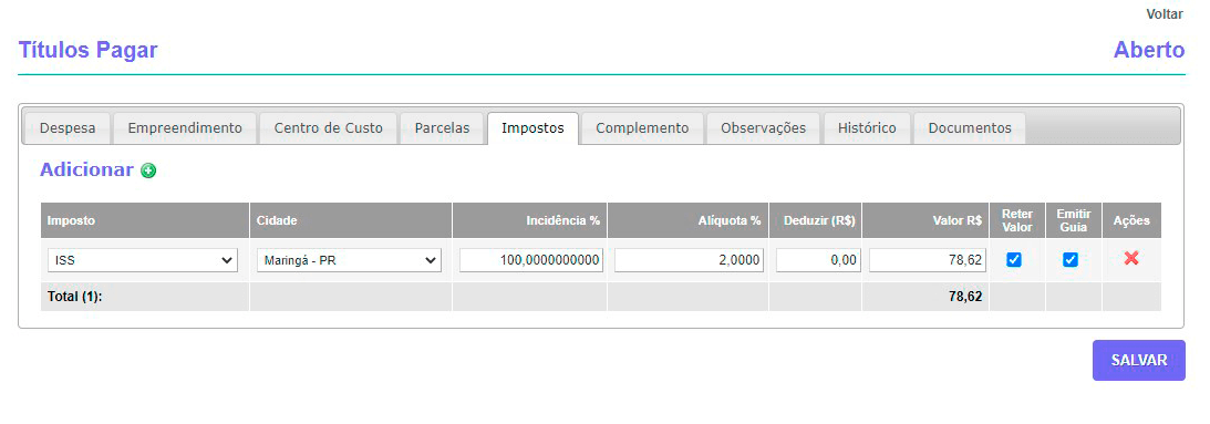Tela: Títulos a Pagar