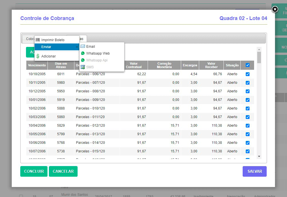 Tela: Controle de cobrança