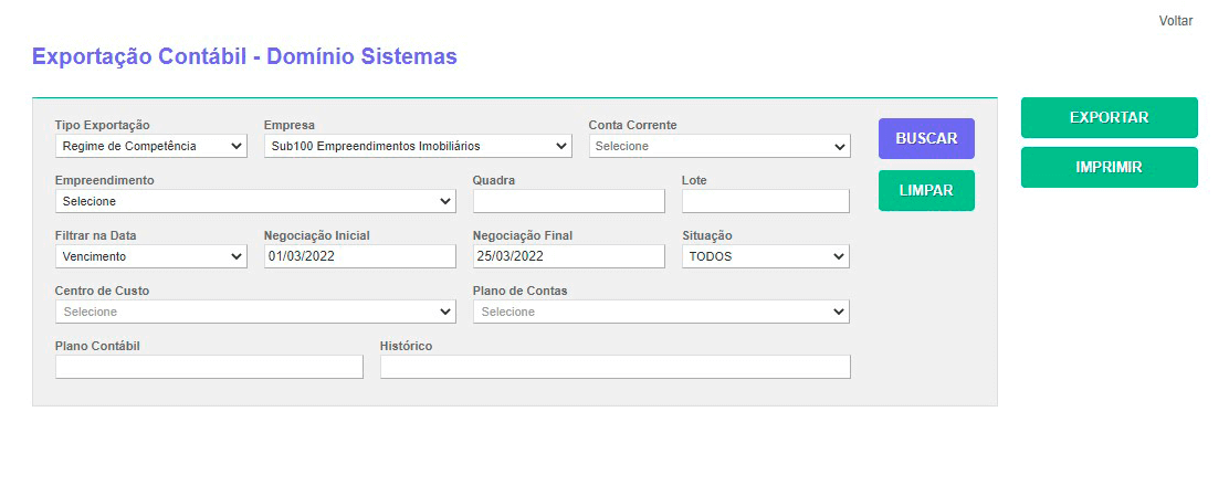 Tela: Integração Contábil