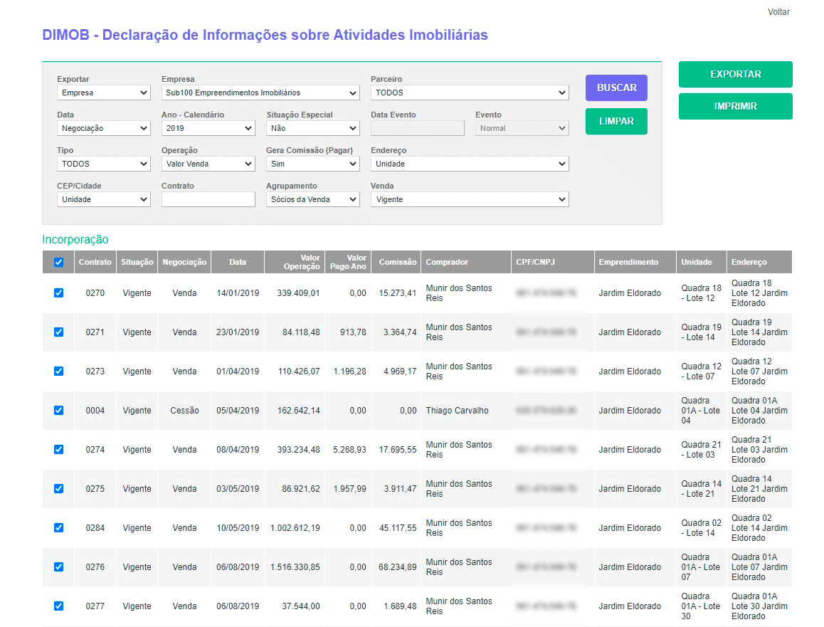 Tela: Integração DIMOB