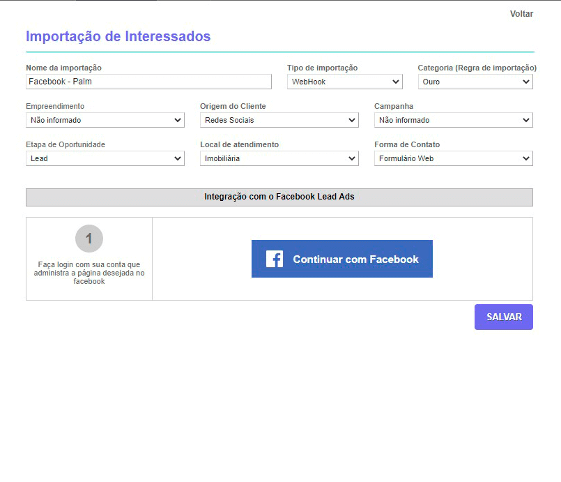 Tela: Integração de leads