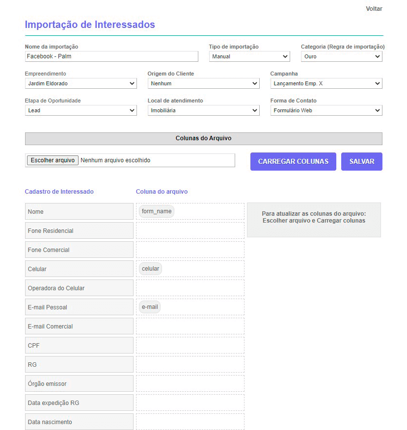 Tela: Integração de leads