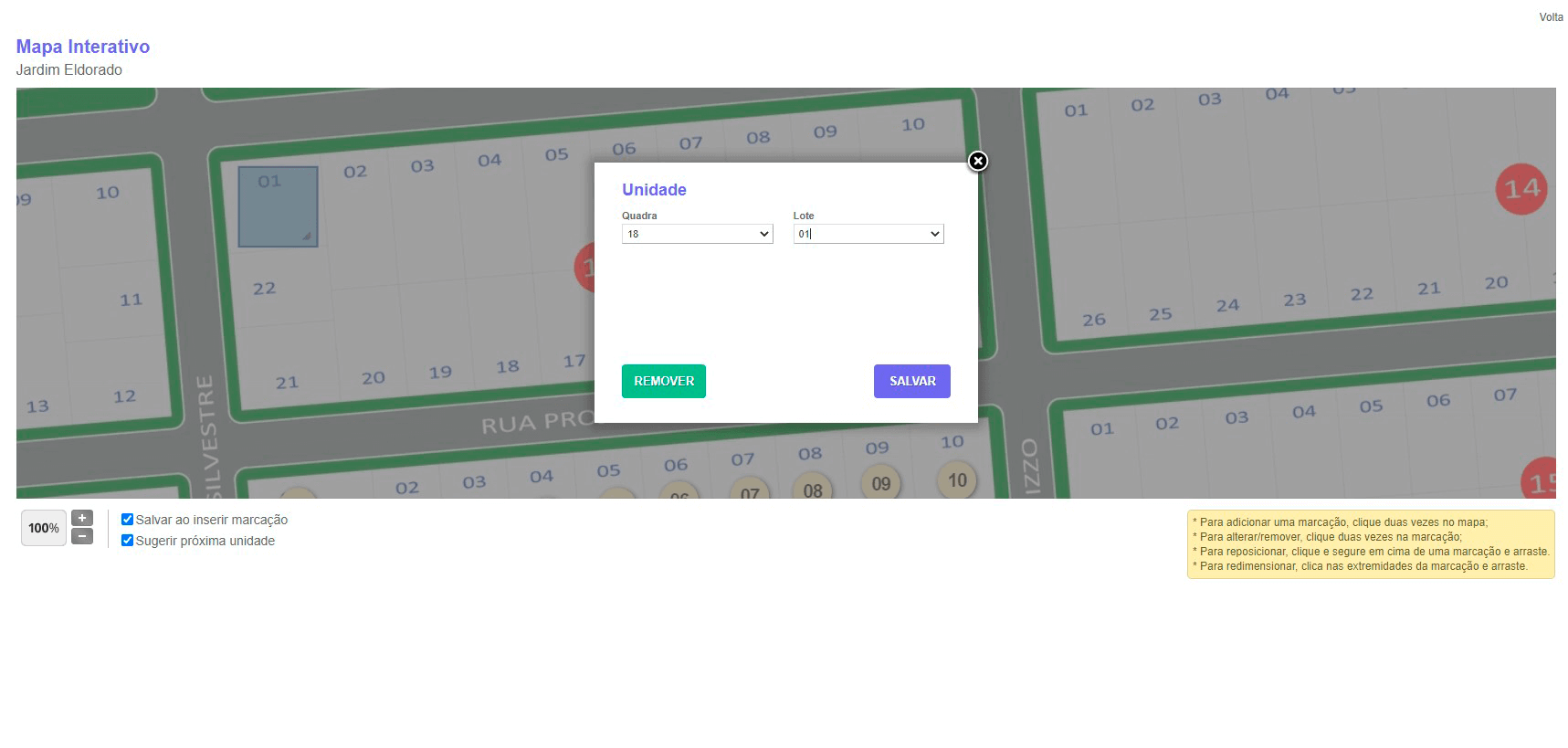 Tela: Marcações simplificadas