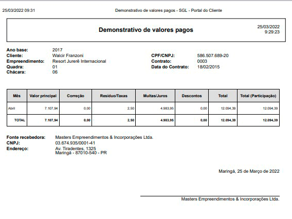 Tela: Informes para Declaração de Imposto de Renda
