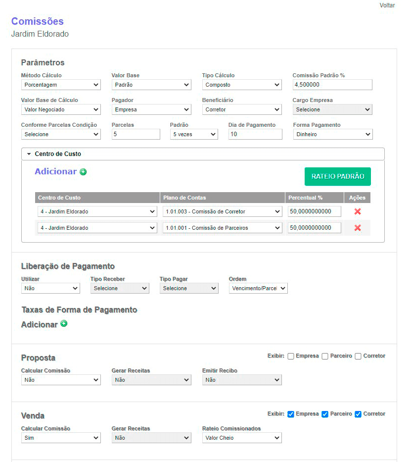 Tela: Gestão de comissões