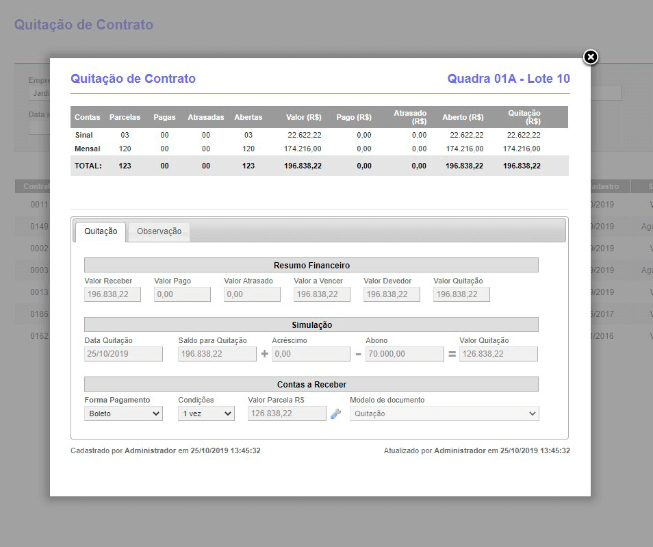 Tela: Quitação de Contrato
