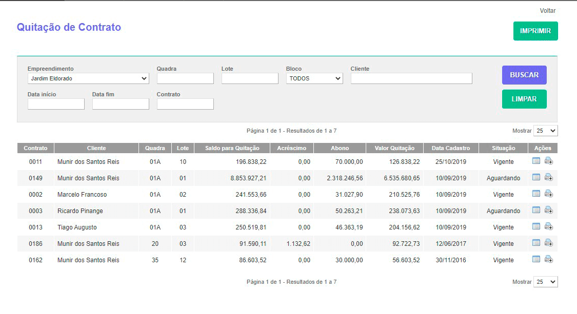 Tela: Quitação de Contrato