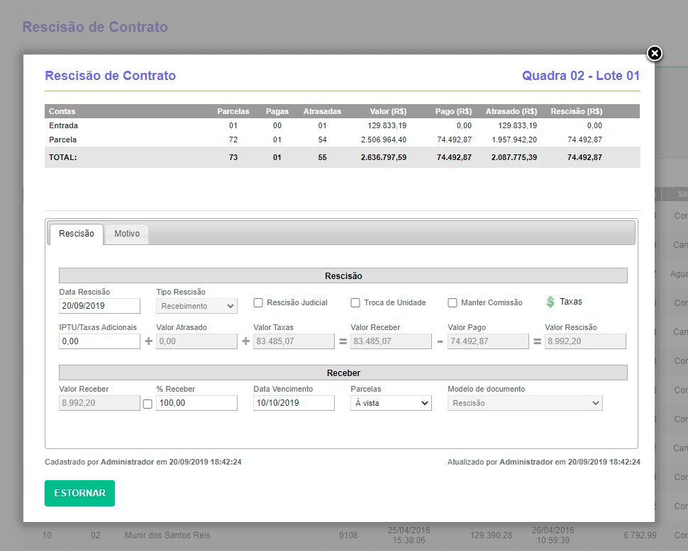 Tela: Rescisão de Contrato